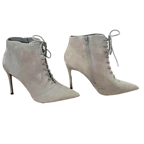 Something Navy Grey Soft Suede Stiletto Lace-up Pointy Toe Booties Size 9 $200 - Picture 1 of 12